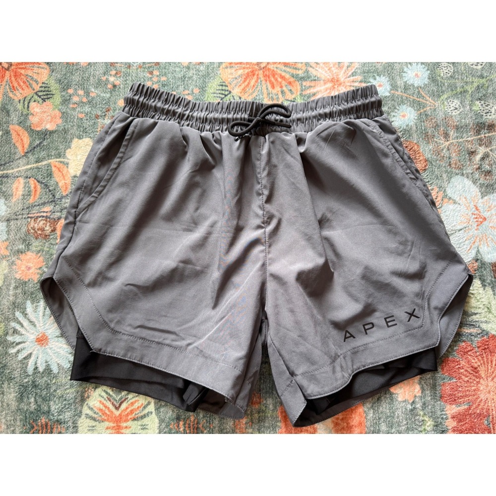 Apex Mens 2-in-1 Training Shorts Gray Black Liner Zipper Pocket Towel Loop L